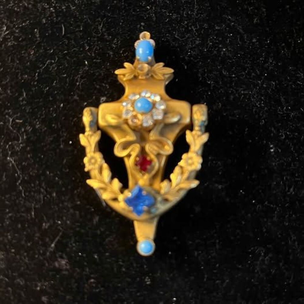 Vintage Gold-Tone Ornate Brooch with Faux Turquoise and Multi-Color Stones